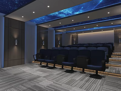 Starry Sky Ceiling Cinema Interior With Blue Seats Tiered Seating Dark Walls And Soft Lighting 3d model