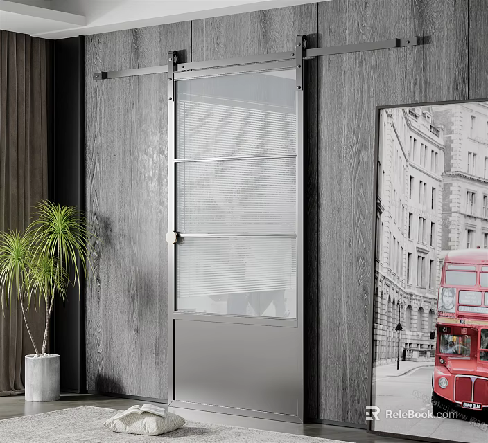 Modern Barn Door With Glass Panel On Wooden Wall And Potted Plant Interior Decor 3d model 