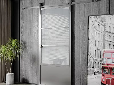 Modern Barn Door With Glass Panel On Wooden Wall And Potted Plant Interior Decor 3d model