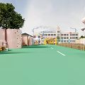 School Building Exterior With Arch Gate Yellow School Buses And Green Playground