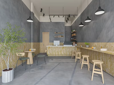 Modern Café Interior With Gray Walls Wooden Bar Counter Hanging Pendant Lights And Green Plant 3d model