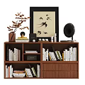 Modern Wooden Bookcase Shelf With Books Decor Items Picture Frame Vase Branches And Ribbed Design
