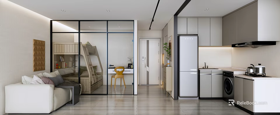 Modern Apartment Interior With Glass Partition Bunk Bed Desk Yellow Chair And Kitchen Area 3d model 