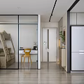 Modern Apartment Interior With Glass Partition Bunk Bed Desk Yellow Chair And Kitchen Area