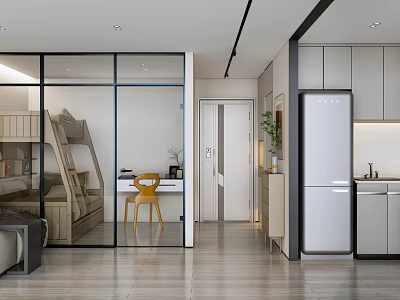Modern Apartment Interior With Glass Partition Bunk Bed Desk Yellow Chair And Kitchen Area 3d model