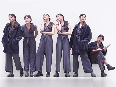 Women In Dark Jumpsuits Standing And Sitting For Group 3d model