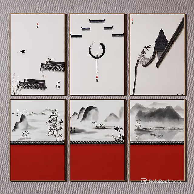 Chinese Ink Painting Wall Art With Ancient Eaves Mountain Water Bamboo Boat And Bridge 3d model 