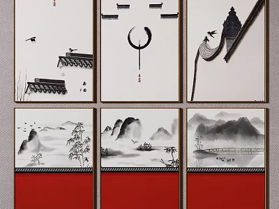 Chinese Ink Painting Wall Art With Ancient Eaves Mountain Water Bamboo Boat And Bridge 3d model