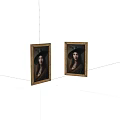 Two Framed Classic Style Portrait Paintings With Golden Frames And Hat Wearing Figures