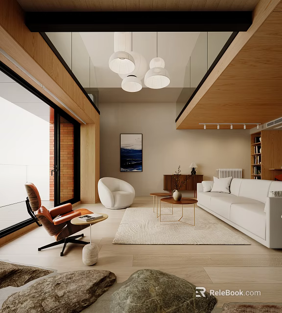Modern Apartment Living Room With White Sofa Wooden Ceiling And Large Windows 3d model 