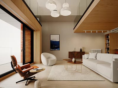 Modern Apartment Living Room With White Sofa Wooden Ceiling And Large Windows 3d model