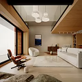 Modern Apartment Living Room With White Sofa Wooden Ceiling And Large Windows
