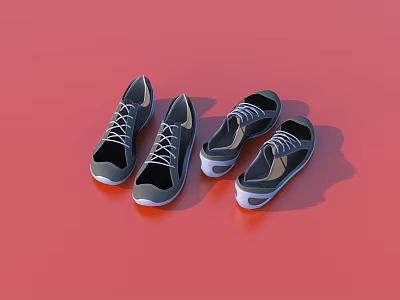Four Pairs of Black and Gray Casual Sneakers Displayed on Red Background 3d model