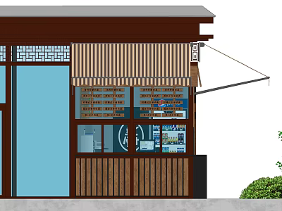 Traditional Chinese Milk Tea Shop With Brown Roof Wooden Striped Walls Window Grilles And Awning 3d model
