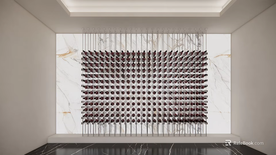 Elegant Modern Wine Cabinet Design With Marble Wall And Wine Bottles 3d model 