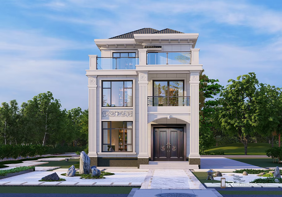 Classical Three Story Detached Villa Exterior With Balcony Large Windows And Green Trees 3d model 