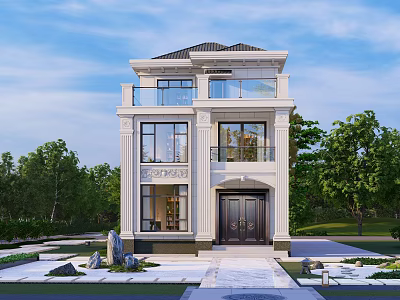Classical Three Story Detached Villa Exterior With Balcony Large Windows And Green Trees 3d model