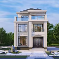 Classical Three Story Detached Villa Exterior With Balcony Large Windows And Green Trees
