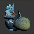 Cute Blue Baby Dragon Emerging From Broken Egg Shell With Big Eyes And Horns