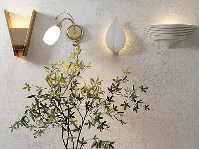 Wall Lamps In Golden White Geometric Leaf Wave Designs On Light Wall With Green Plant 3d model