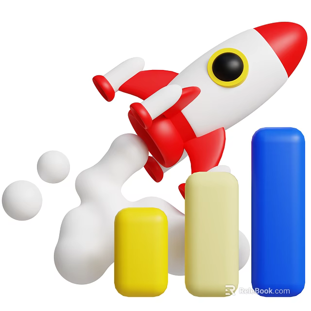 Colorful Decorative Ornament Set With Rocket Model Clouds Yellow And Blue Columns And White Spheres 3d model 