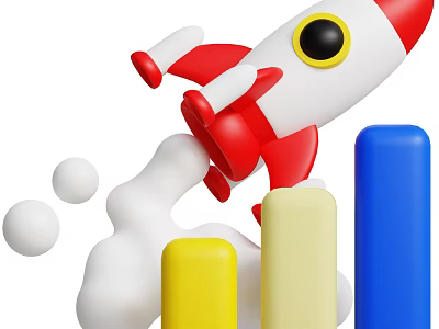 Colorful Decorative Ornament Set With Rocket Model Clouds Yellow And Blue Columns And White Spheres 3d model