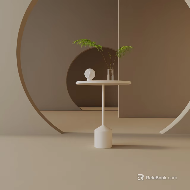 Minimalist White Side Table with Green Plant and Decorative Items in Modern Indoor Space 3d model 