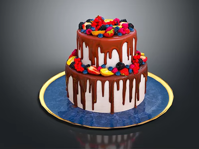 Two Tier Cake With White Frosting Chocolate Drizzle And Fresh Fruit Toppings On Blue Plate 3d model