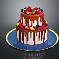 Two Tier Cake With White Frosting Chocolate Drizzle And Fresh Fruit Toppings On Blue Plate