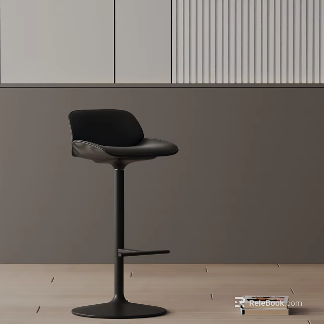 Sleek Black Modern Bar Stool With Leather Seat Against Gray Wall And Wooden Floor 3d model 