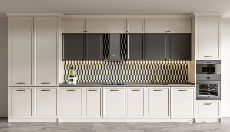 Modern Kitchen With White Lower And Dark Upper Cabinets Black Hexagonal Tile Backsplash 3d model 