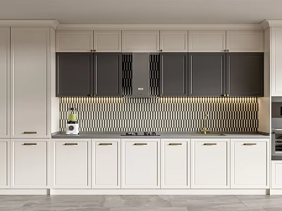 Modern Kitchen With White Lower And Dark Upper Cabinets Black Hexagonal Tile Backsplash 3d model