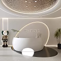 Modern Beauty Hair Salon Reception Area With White Curved Desk Decorative Lights And Green Plants