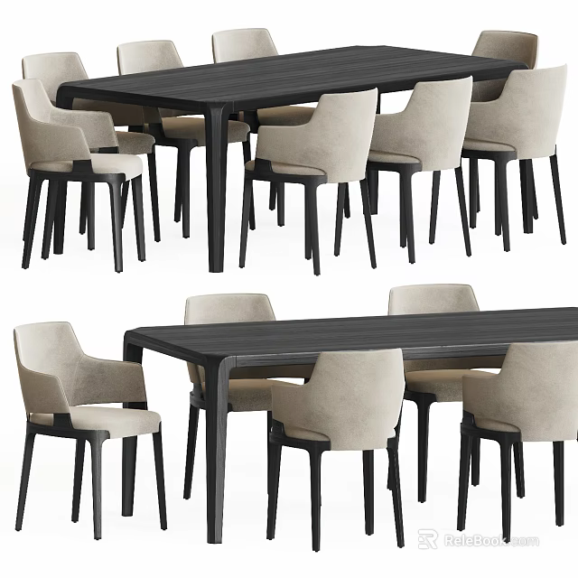 Modern Sleek Dining Table Set With Black Table And Beige Chairs For Home 3d model