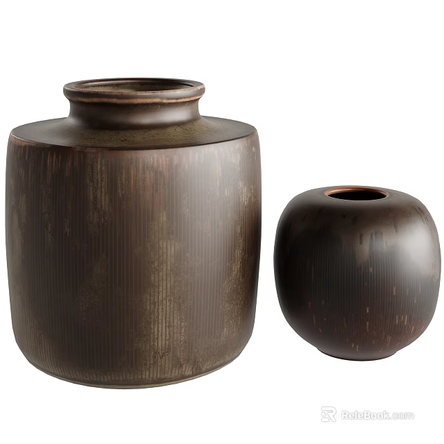 Large And Small Brown Ceramic Vessels With Textured Surface For Home Decor 3d model 