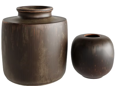 Large And Small Brown Ceramic Vessels With Textured Surface For Home Decor 3d model