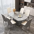 Round Modern Dining Table Set With Marble Top And Six Light Gray Upholstered Chairs 3d model