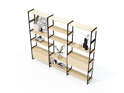Modern Bookcase With Open Wooden Shelves Black Metal Frame And Decorative Items 3d model