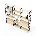 Modern Bookcase With Open Wooden Shelves Black Metal Frame And Decorative Items