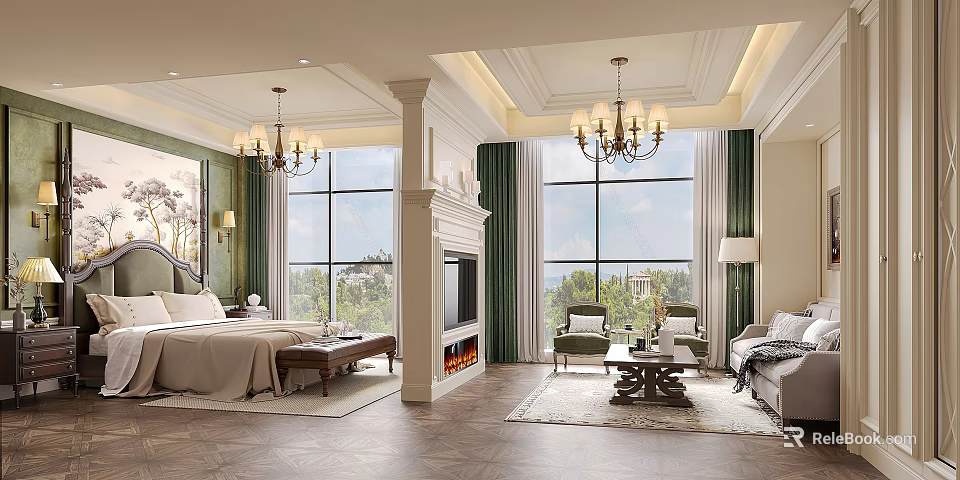 Luxurious Bedroom Interior Design With Large Windows Fireplace Green Curtains And Chandeliers 3d model 