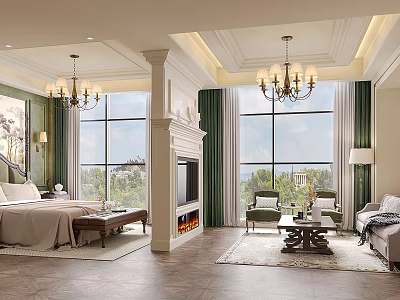 Luxurious Bedroom Interior Design With Large Windows Fireplace Green Curtains And Chandeliers 3d model