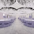 Elegant Banquet Hall Featuring White Chandeliers Purple Decorations White Stage And Tables Chairs