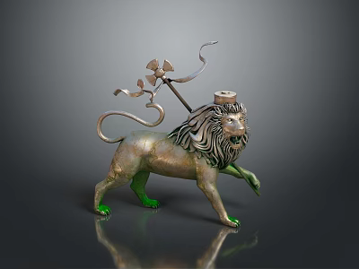 Artistic Lion Sculpture With Metallic Finish Decorative Spear And Green Paws 3d model