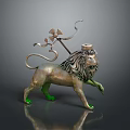 Artistic Lion Sculpture With Metallic Finish Decorative Spear And Green Paws