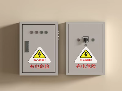 Industrial Electrical Control Panels In Gray Enclosure With Warning Signs And Indicator Lights 3d model