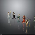 Fantasy Characters And Mythical Beings With Halos Holding Staves On Dark Background Reflections