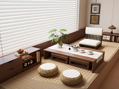 Japanese Tatami Tea Room with White Blinds Low Table Tea Set Green Plant Round Cushions 3d model