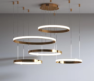 Modern Chandelier with Multiple Circular Rings Golden Metal Frame and Illuminated Light Fixture Design 3d model