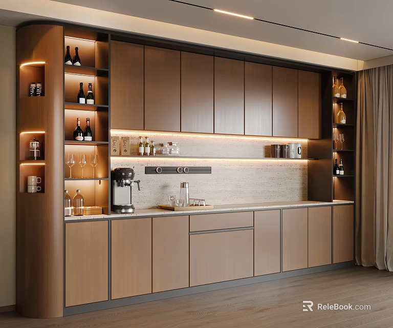 Modern Wooden Sideboard Design With Lighting Shelves Wine Bottles Glasses And Coffee Machine 3d model 
