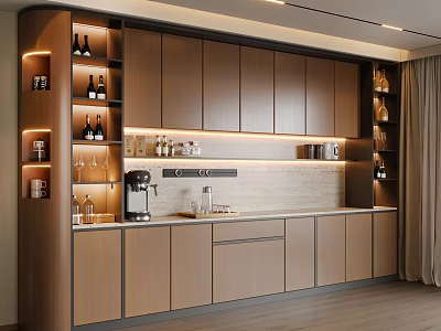 Modern Wooden Sideboard Design With Lighting Shelves Wine Bottles Glasses And Coffee Machine 3d model